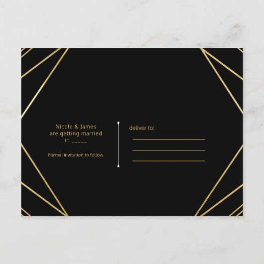 Moderner Deko Save the Date in Gold und Schwarz Ankündigungspostkarte (Rückseite)