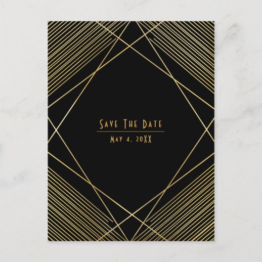 Moderner Deko Save the Date in Gold und Schwarz Ankündigungspostkarte (Vorderseite)