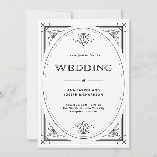 Moderner Deko Schwarz und Weiß auf einer Hochzeit Einladung (Vorderseite)