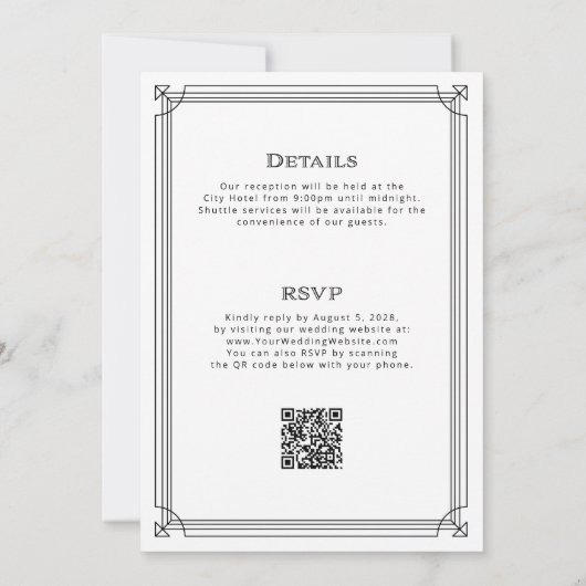 Moderner Deko Schwarz und Weiß auf einer Hochzeit Einladung (Rückseite)