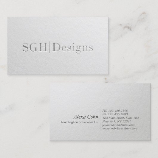 Moderner Designer Minimaler weißer Silber Embossed Visitenkarte (Vorne/Hinten)
