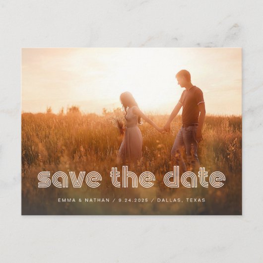 Moderner Disco-Text | Foto QR-Code Save the Date Ankündigungspostkarte (Vorderseite)