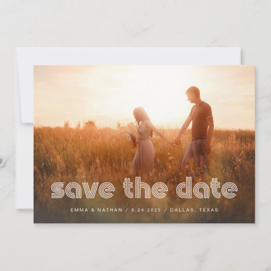 Moderner Disco-Text | Zwei Foto- und QR-Code Save The Date (Vorderseite)