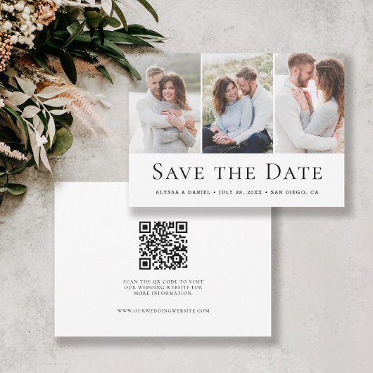 Moderner Drei-Foto-Hochzeitswebsite-QR-Code  Save The Date