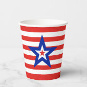 Moderner dreistfarbener Stern auf rot/weiß gestrei Pappbecher (Vorderseite)