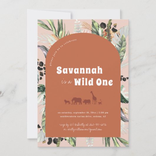Moderner Dschungelbogen | Terra Cotta Wild One Einladung (Vorderseite)