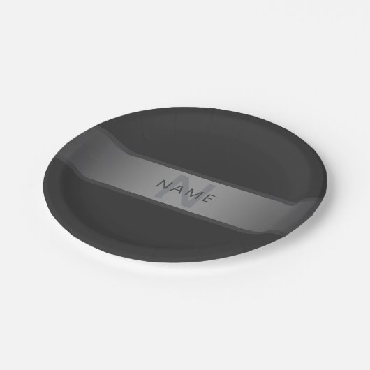 Moderner dunkelgrauer Gradient Name oder Firmennam Pappteller (Schrägansicht)