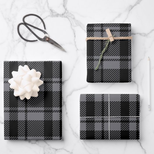 Moderner Dunkelgrauer und Schwarzer Tartan Kariert Geschenkpapier Set (Vorderseite)