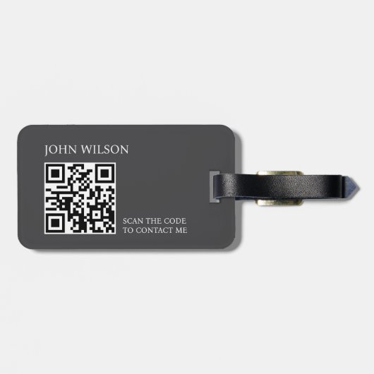 Moderner dunkelgrauer weißer, feiner QR-Code Gepäckanhänger (Rückseite horizontal)