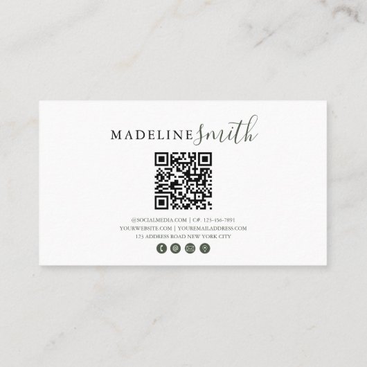 Moderner Dunkelgrüner Schrift-QR-Code Visitenkarte (Rückseite)