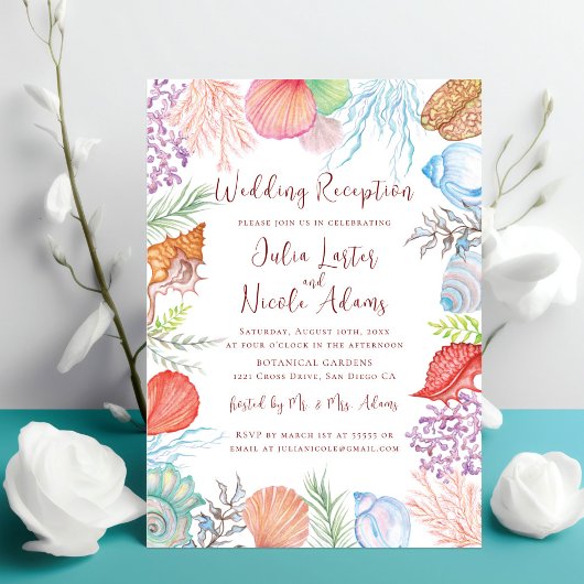 Moderner Dusty Blue Seashell Beach Wedding Empfang Einladung