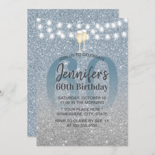 Moderner Dusty Blue & Silver Glitzer 60. Geburtsta Einladung (Vorne/Hinten)