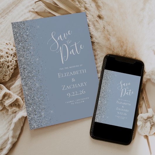 Moderner Dusty Blue Silver Glitzer Save the Date Ankündigung