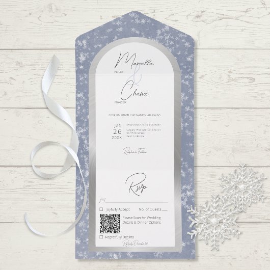 Moderner Dusty Blue & Snow Silver Foil QR Code All In One Einladung
