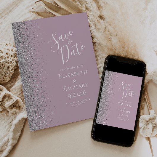 Moderner Dusty Lilac Silver Glitzer Save the Date Ankündigung