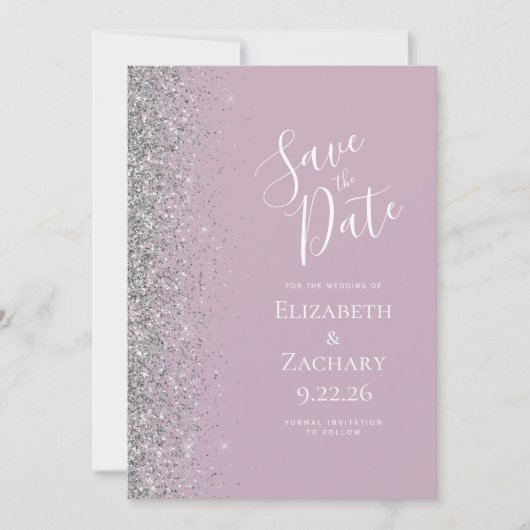 Moderner Dusty Lilac Silver Glitzer Save the Date Ankündigung (Vorderseite)