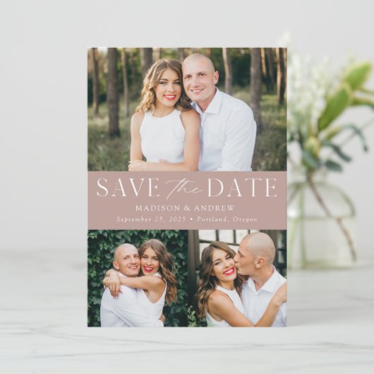 Moderner Dusty Rose 3 Foto QR Code Save The Date (Stehend Vorderseite)