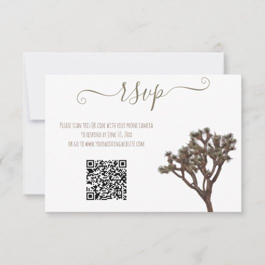 Moderner einfacher, eleganter Joshua-Baum QR-Code RSVP Karte (Vorderseite)