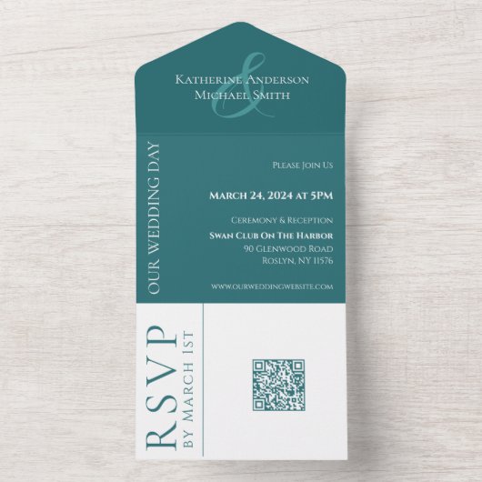 Moderner einfacher Emerald Green Wedding QR Code- All In One Einladung (Innen Boden)