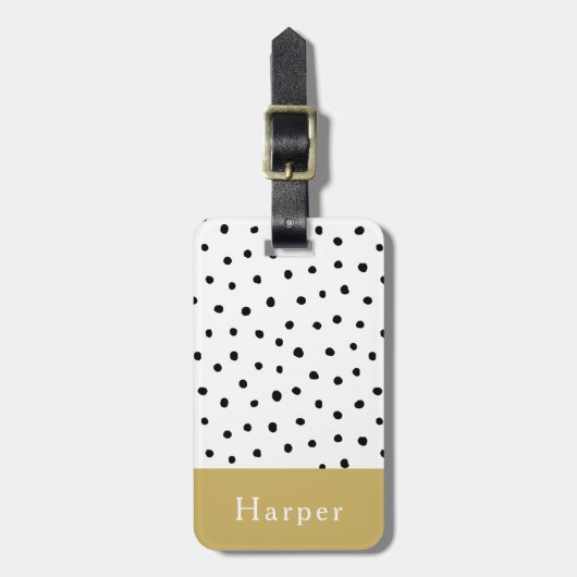 Moderner einfacher Schwarz-Gold-Monogram-Polka-Dot Gepäckanhänger (Vorderseite vertikal)