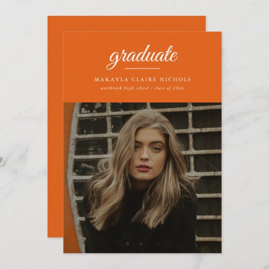 Moderner einfacher Script Orange Foto Abschluss Einladung (Vorne/Hinten)