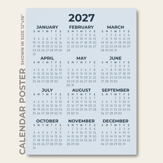 Moderner Einfacher Staubblauer 2027-Kalender Poster