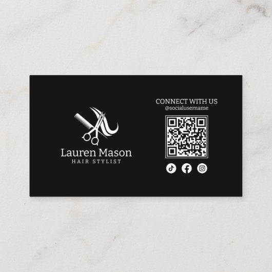 Moderner einfacher Stylist-QR-Code für Schwarz und Visitenkarte (Rückseite)