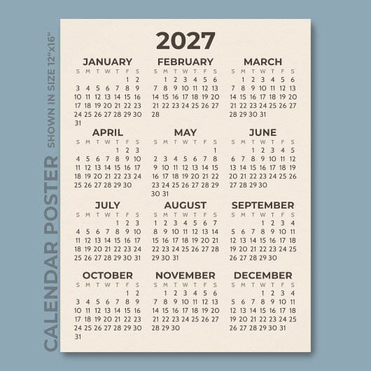 Moderner einfacher warmer Beige 2027 Kalender Poster