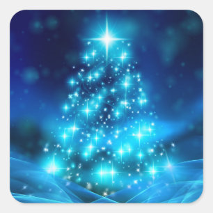 Moderner Electric Blue Christmas Tree mit Licht Quadratischer Aufkleber