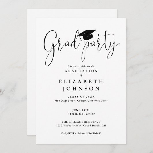 Moderner Elegant Grad Party Script Abschluss Einladung (Vorne/Hinten)