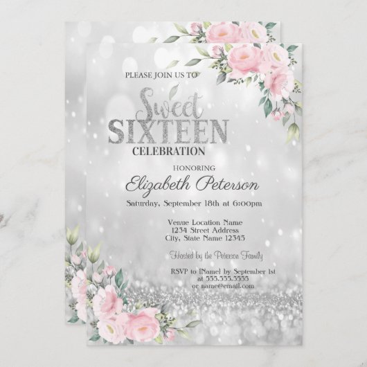 Moderner Elegant Silver Bokeh Blumensüß 16 Einladung (Vorne/Hinten)