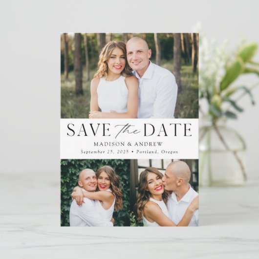 Moderner Eleganter 3 Foto QR Code Save The Date (Stehend Vorderseite)