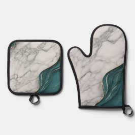 Moderner eleganter Aquamariner grauer Marmor Ofenhandschuh & Topflappen-Set