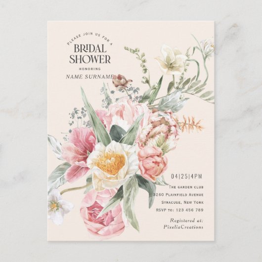 Moderner, eleganter Aquarellgarten mit Blumen und Einladungspostkarte (Vorderseite)