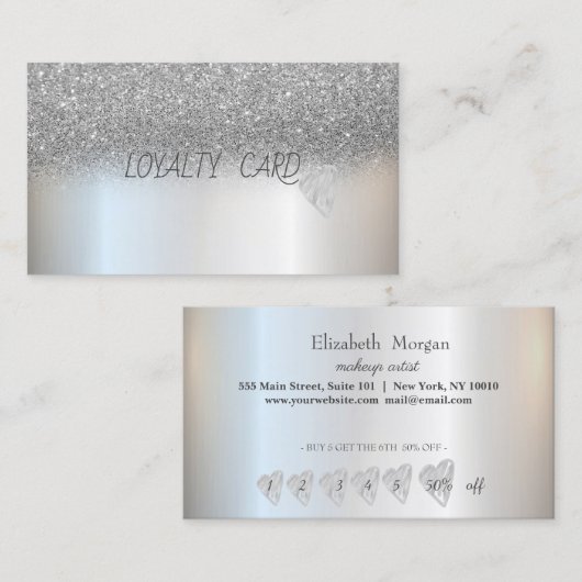 Moderner Eleganter Beruflicher Glitzer Silberherz Treuekarte (Vorne/Hinten)