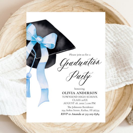 Moderner Eleganter Blue Bow Graduation Cap Abschlu Einladung