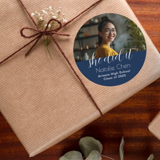 Moderner Eleganter Blue Foto Abschluss Runder Aufkleber