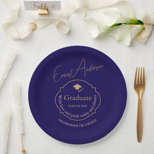 Moderner Eleganter Blue Typografy Graduate Abschlu Pappteller (Hochzeit)