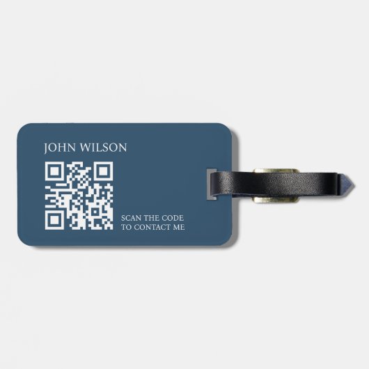 Moderner Eleganter Blue White Monogram QR Code Gepäckanhänger (Rückseite horizontal)