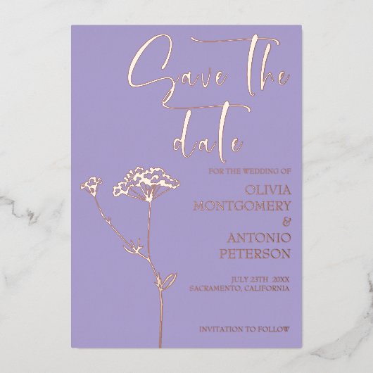 Moderner Eleganter Blumenlavender Save the Date Folieneinladung (Vorderseite)