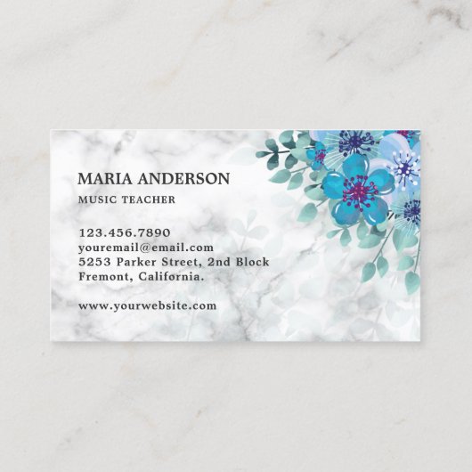 Moderner Eleganter Chic Blue Floral Harp Musiklehr Visitenkarte (Rückseite)