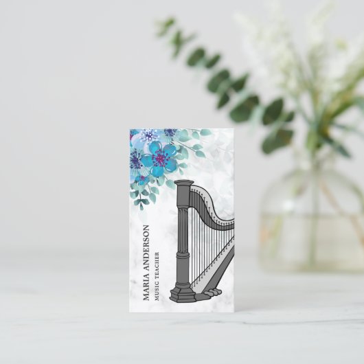 Moderner Eleganter Chic Blue Floral Harp Musiklehr Visitenkarte (Stehend Vorderseite)