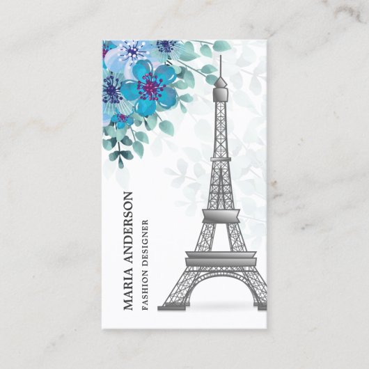 Moderner Eleganter Chic Blue Floral Paris Eiffeltu Visitenkarte (Vorderseite)