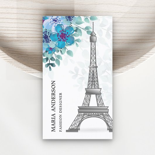 Moderner Eleganter Chic Blue Floral Paris Eiffeltu Visitenkarte