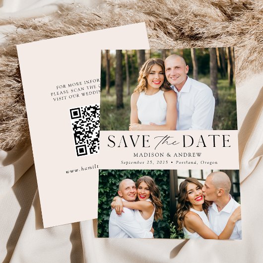 Moderner Eleganter Creme 3 Foto QR Code Save The Date