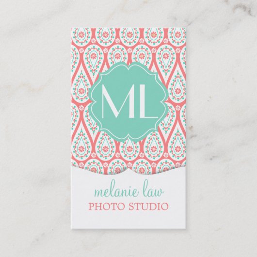 Moderner eleganter Damast korallenrotes Paisley Visitenkarte (Vorderseite)