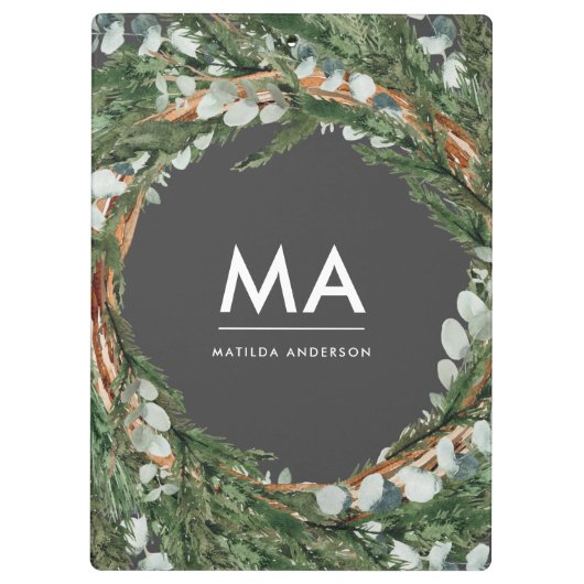 Moderner eleganter eukalyptus-botanischer Kranz Klemmbrett (Rückseite)