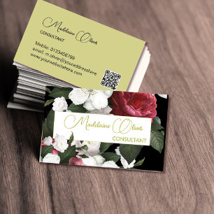 Moderner Eleganter floral Burgund QR Code Gold Visitenkarte