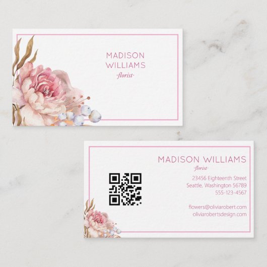 Moderner eleganter floraler floraler QR-Code Visitenkarte (Vorne/Hinten)