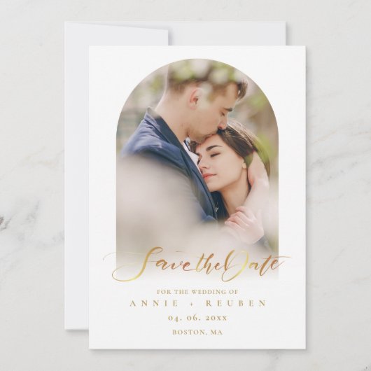 Moderner Eleganter Gold Script Foto Arch Save The Date (Vorderseite)